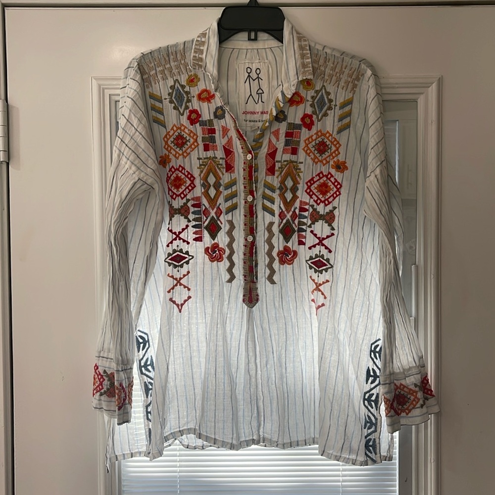 Johnny Was Tunic Button Down Linen Embroidered Top